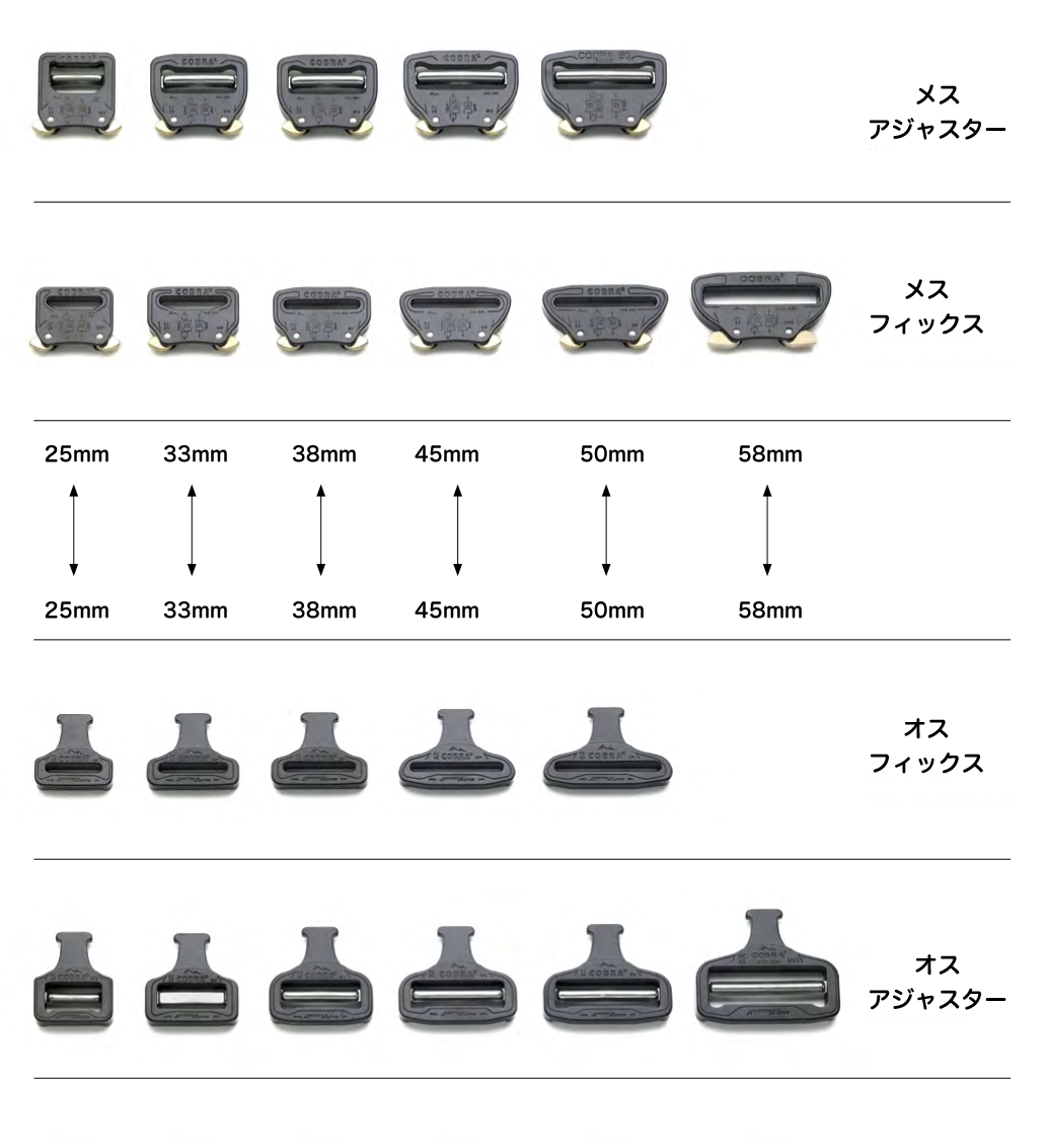 違うサイズ同士を組み合わせたコブラバックル